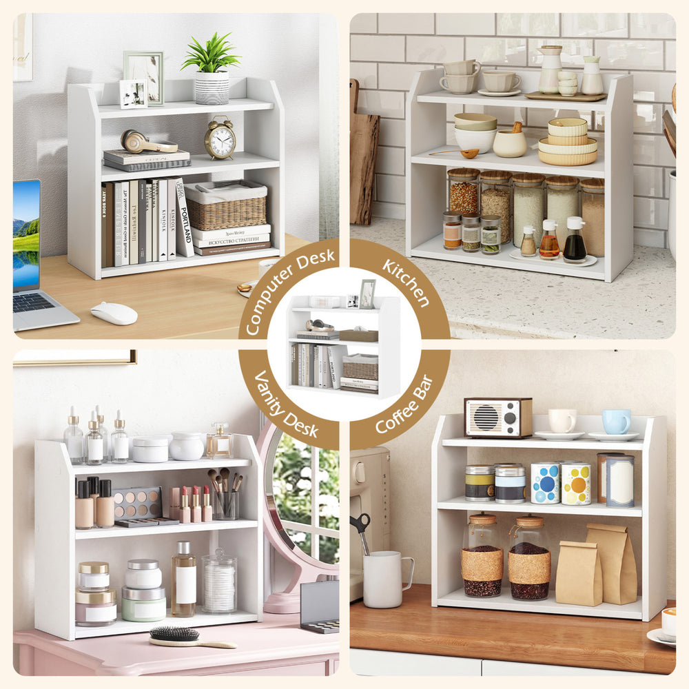 3-tier white wooden desktop bookshelf with raised guardrails, ideal for organizing books and items in small spaces.