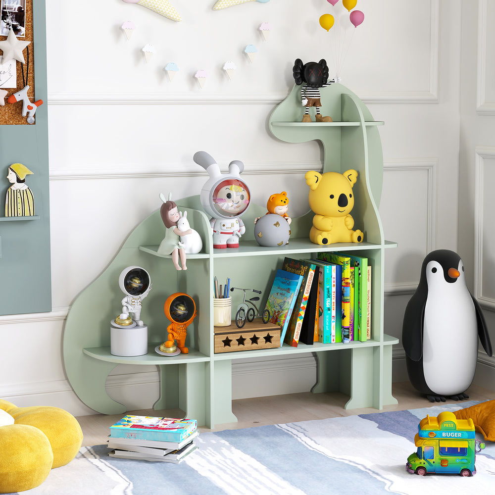 3-tier dinosaur kids bookshelf in green with open shelves, ideal for nursery or bedroom organization and display.