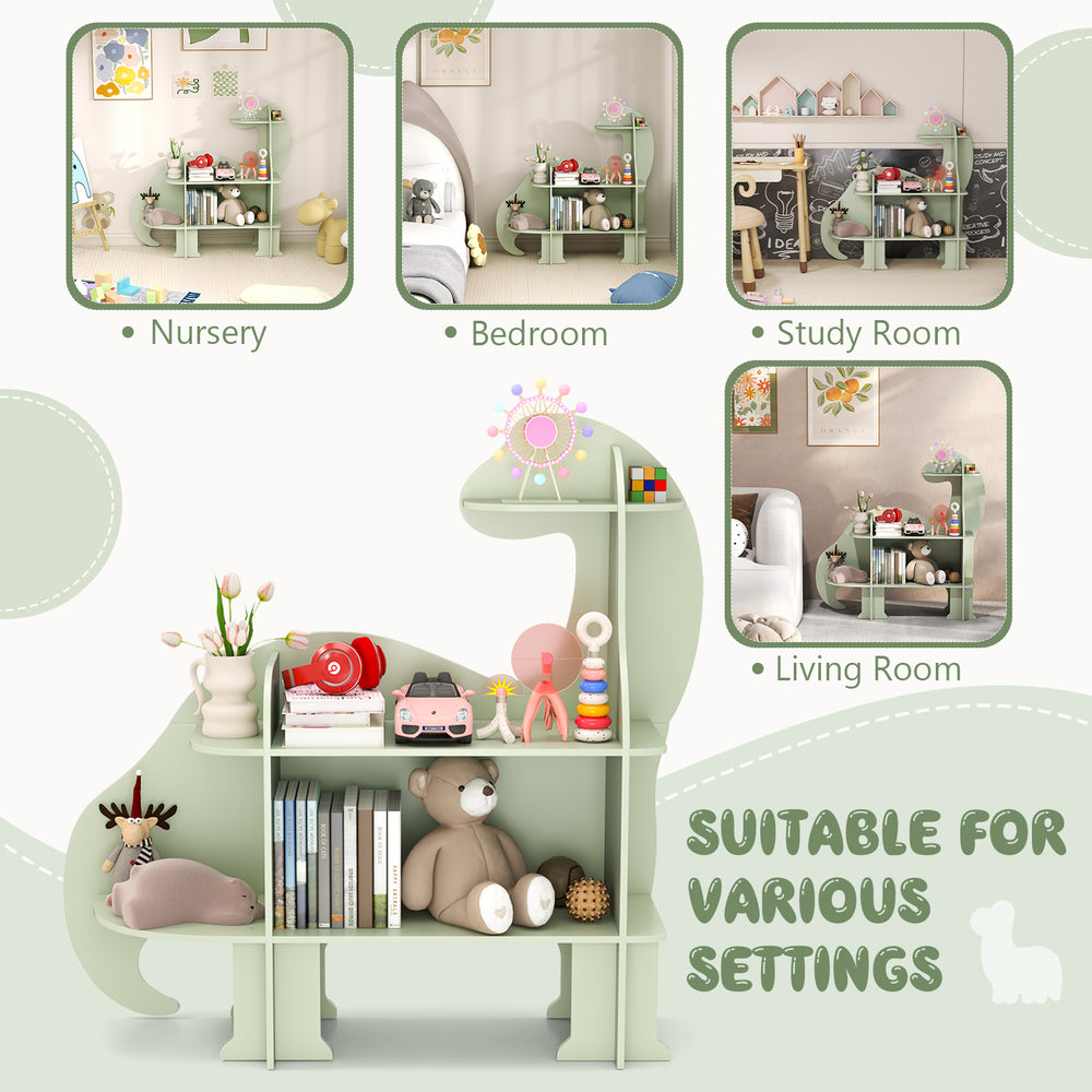 3-tier green dinosaur kids bookshelf with open shelves, perfect for nursery, bedroom, study room, and living room.