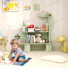 3-tier green dinosaur kids bookshelf with open shelves, perfect for organizing books in a nursery or playroom.