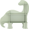Dinosaur-shaped 3-tier kids bookshelf in green with multiple shelves, smooth corners, and stable support for safe.
