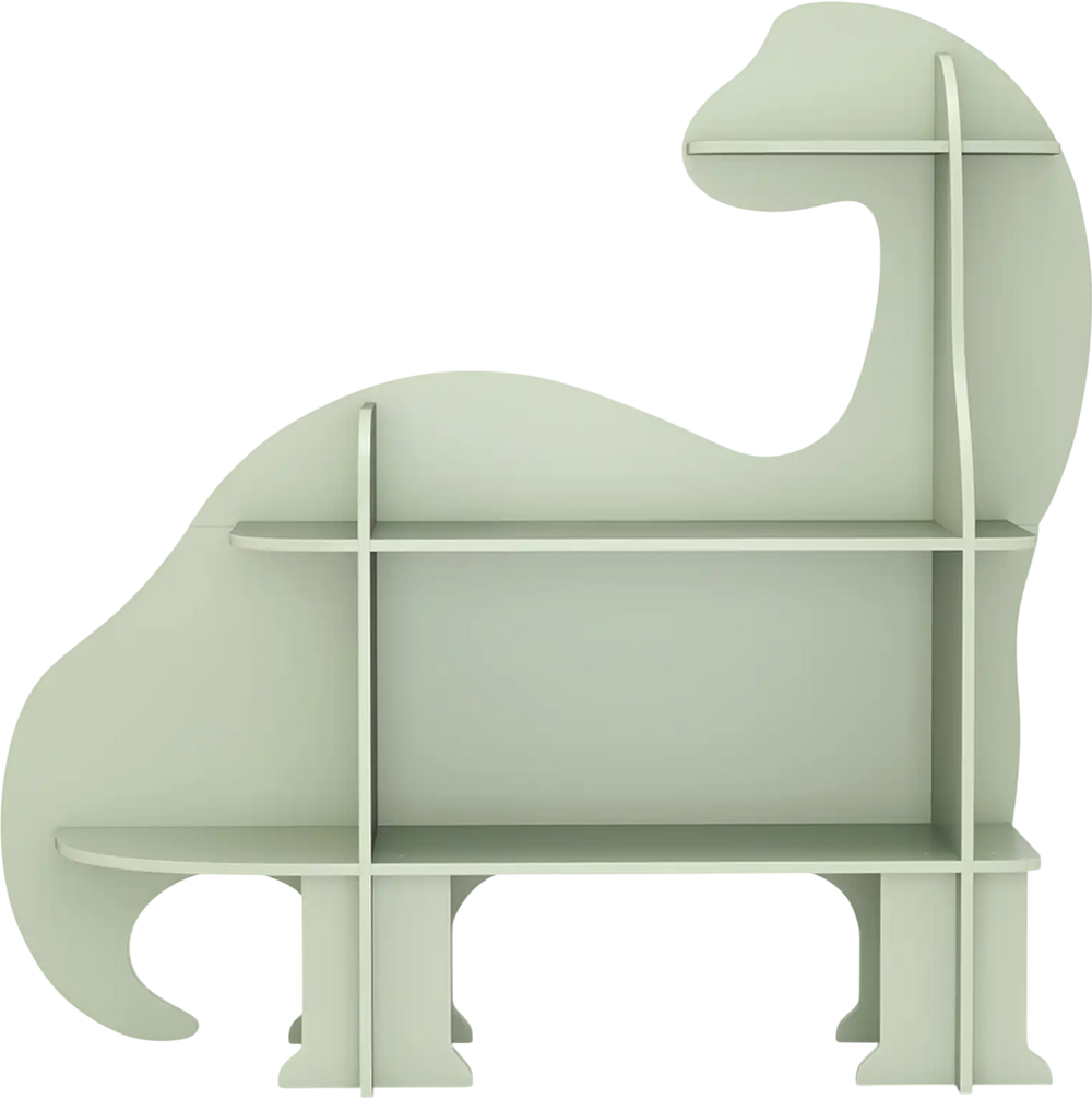 Dinosaur-shaped 3-tier kids bookshelf in green with multiple shelves, smooth corners, and stable support for safe.