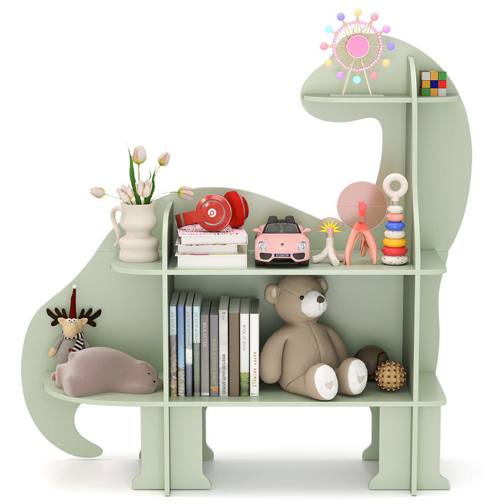 Dinosaur-shaped 3-tier kids bookshelf in green with open shelves, perfect for nursery or bedroom organization.