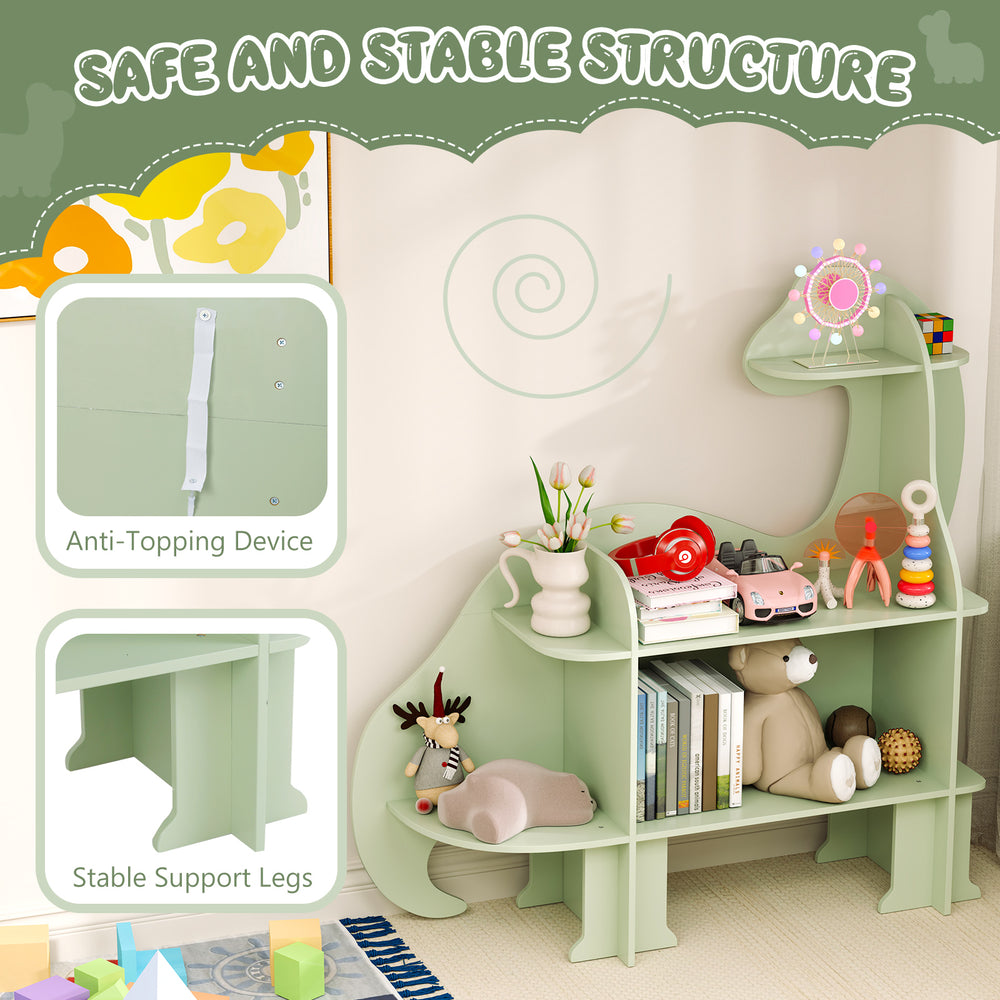 3-tier green dinosaur kids bookshelf with stable support legs and anti-topping device for nursery or bedroom.