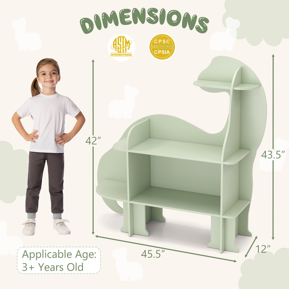 Dinosaur-shaped 3-tier kids bookshelf in green, featuring multiple shelves and smooth rounded corners for safety.