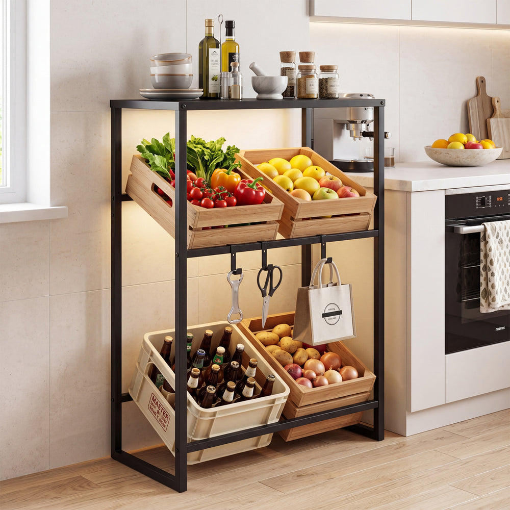 3-tier black drink crate rack with wooden baskets for fruits and beverages, ideal for kitchen or garage storage.