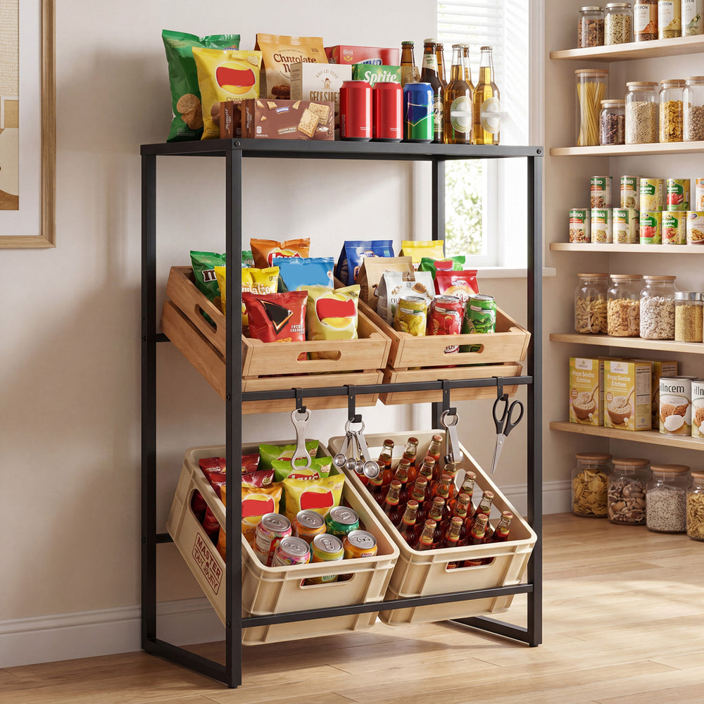 3-tier black drink crate rack with shelves, featuring organized snacks and beverages for kitchen or garage storage.