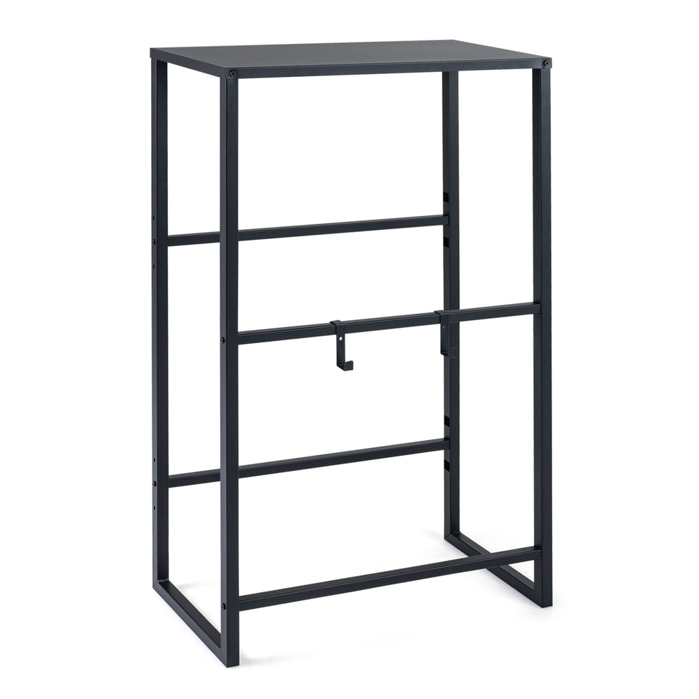 Black 3-tier drink crate rack with shelf for beer and water, ideal for kitchen and garage storage.