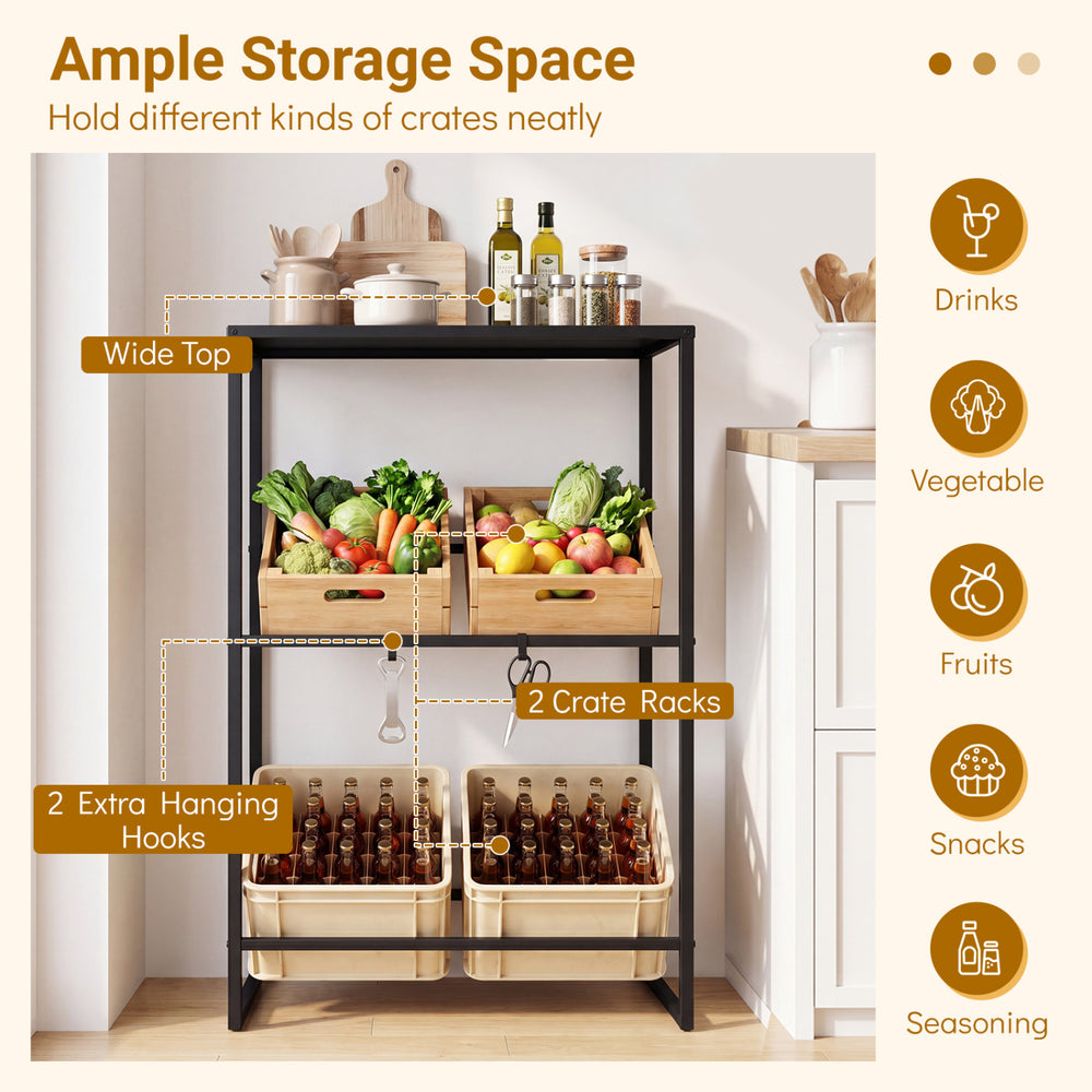 3-tier black drink crate rack with shelf, featuring extra hooks and storage for beverages and vegetables in the kitchen.