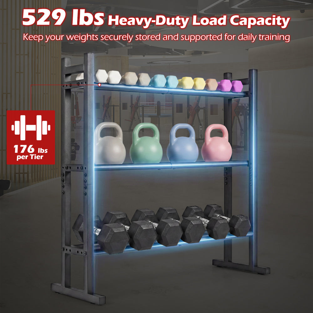 3-tier adjustable dumbbell rack in black with 529 lbs capacity, designed for stable weight storage in home gyms.