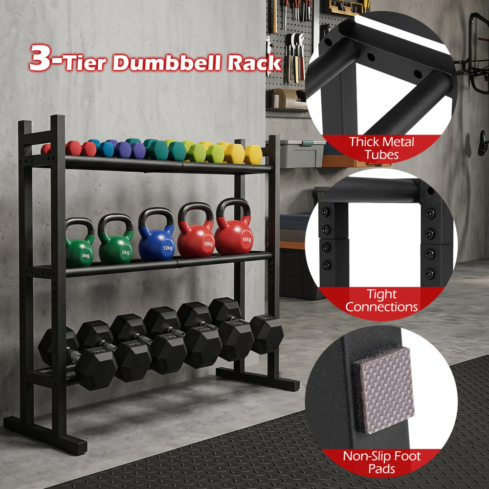 3-tier dumbbell rack with thick metal tubes, adjustable spacing, and non-slip foot pads for home gym organization.