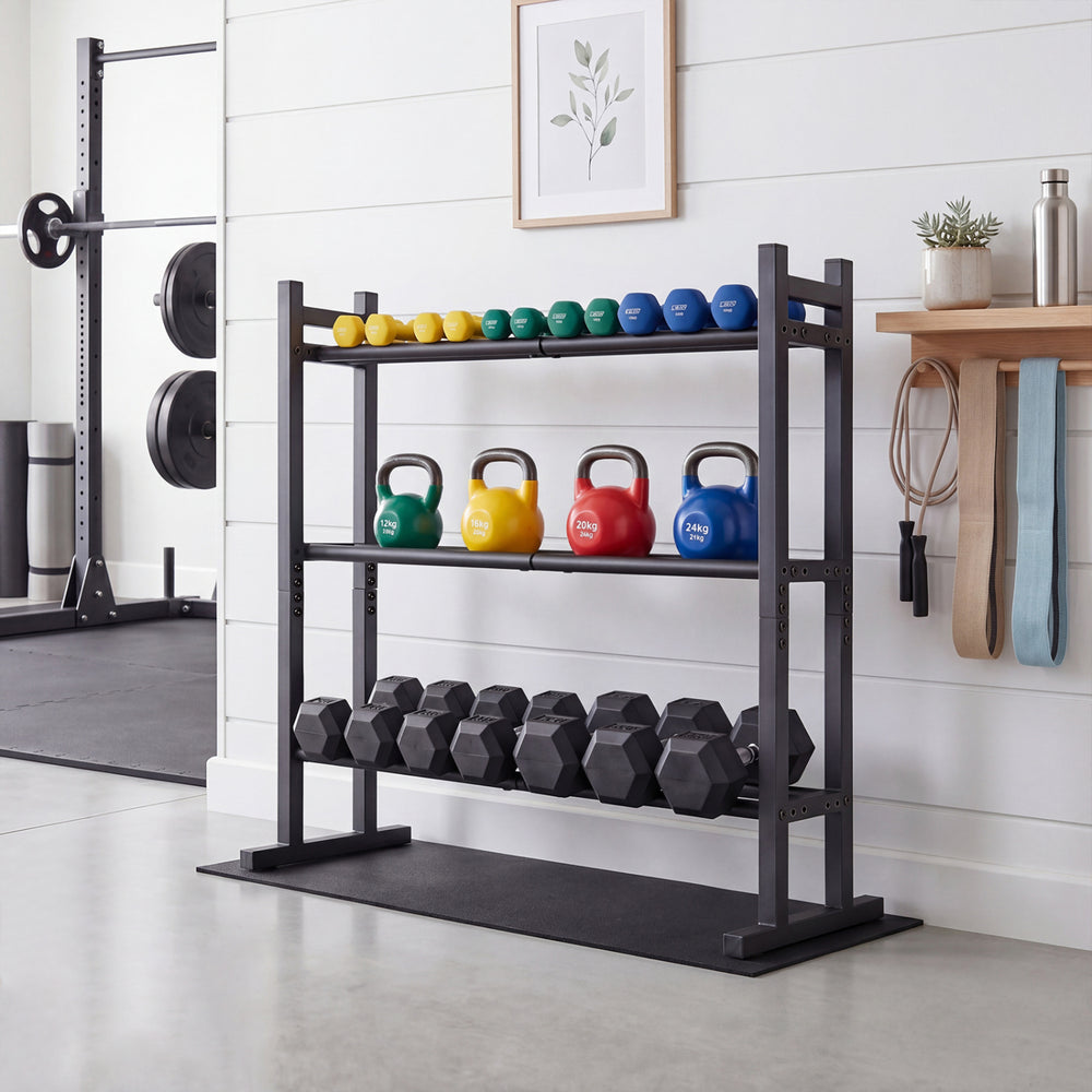 3-tier heavy-duty adjustable dumbbell rack in black, designed for organizing weights with a 529LB capacity for home gyms.