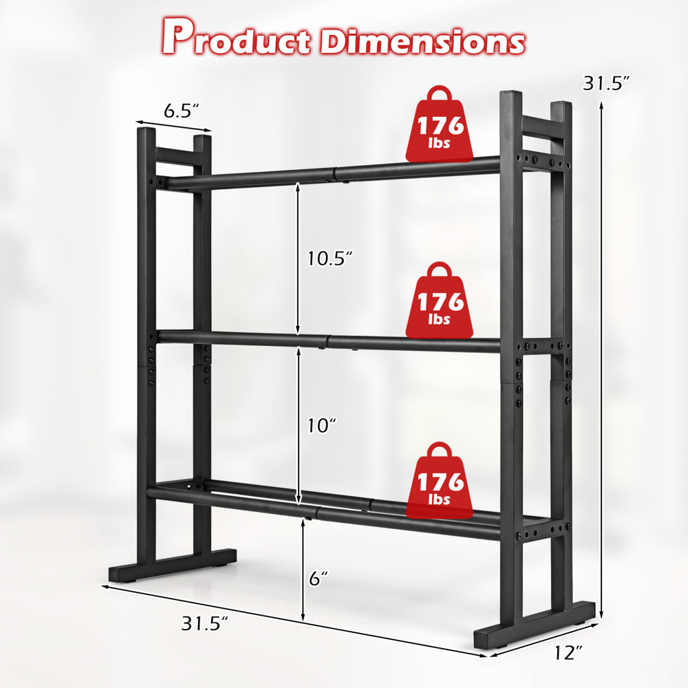 3-tier adjustable dumbbell rack in black with a 529LB capacity, designed for stability and space-saving in home gyms.
