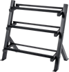3-tier black dumbbell rack with adjustable bracket spacing, designed for compact home gym use and supports up to 800 lbs.
