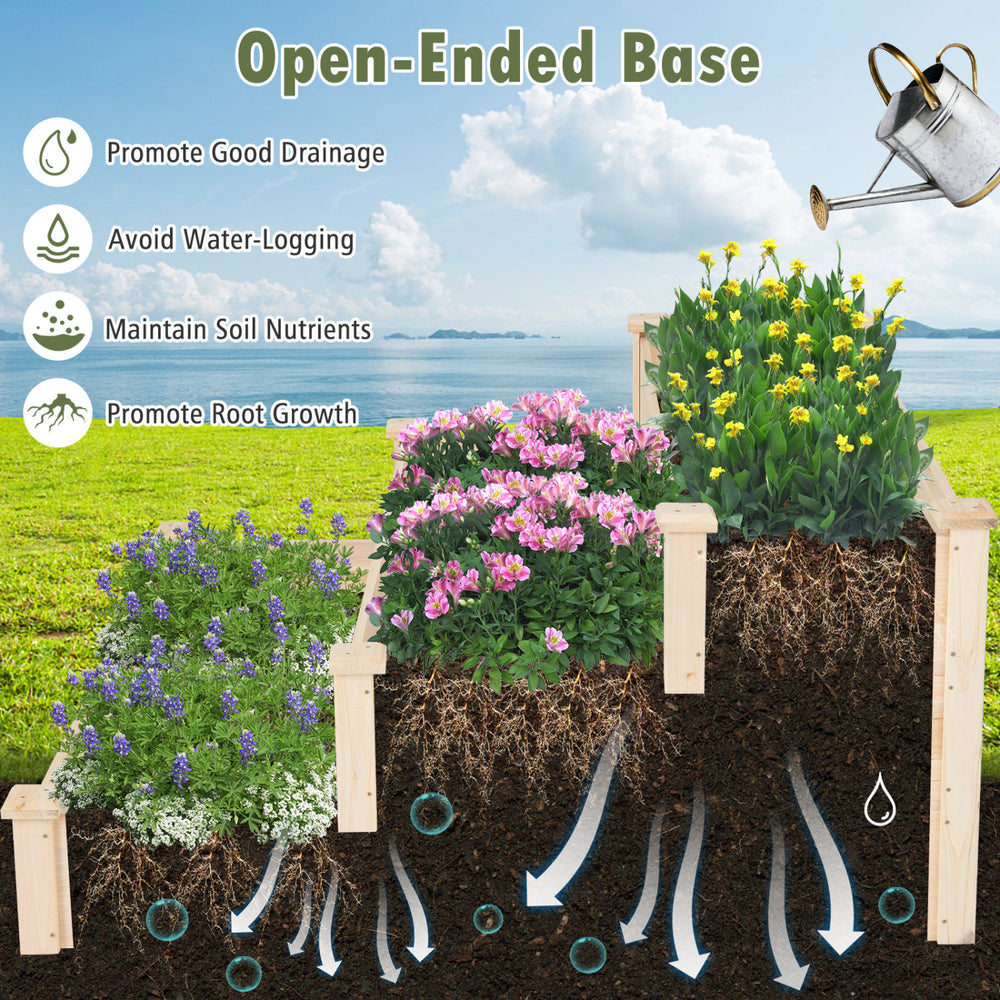Three-tier elevated wooden vegetable garden bed made of sturdy fir wood, featuring an open-ended base for drainage and.