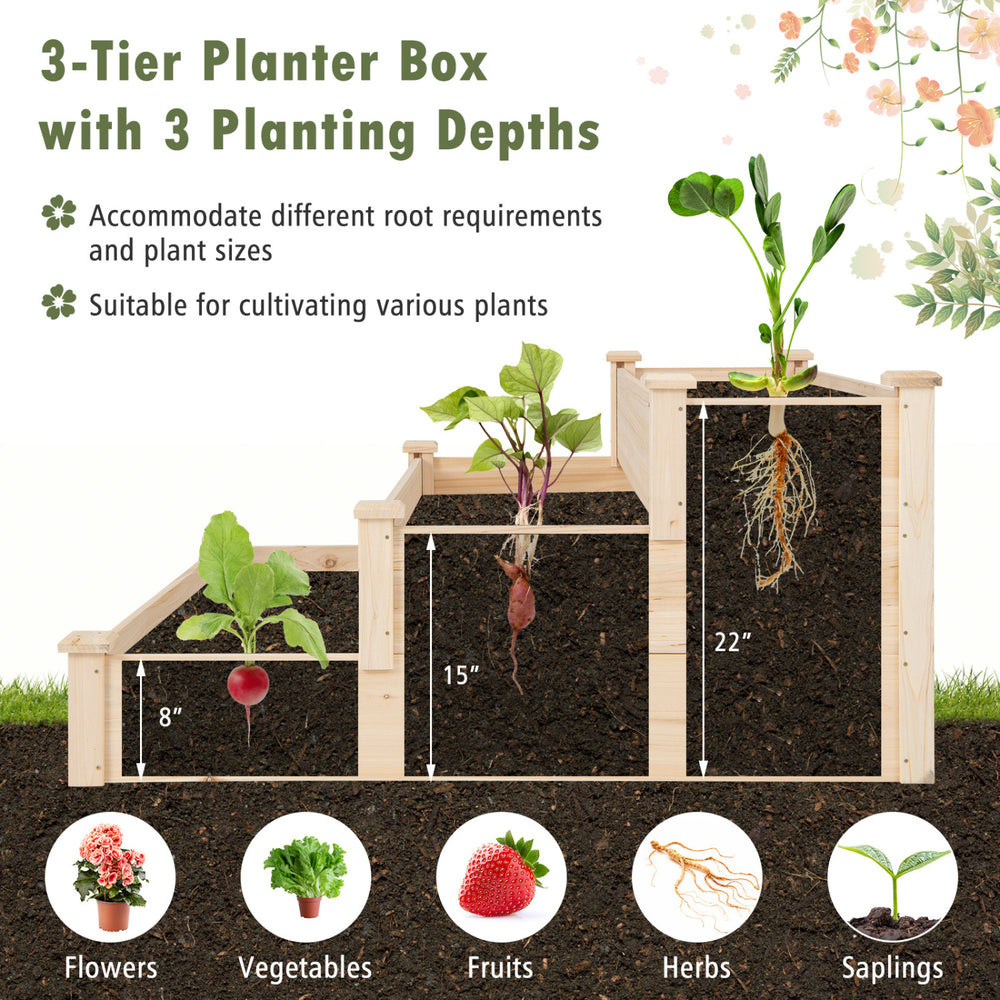3-tier elevated wooden planter box with varying depths for flowers, vegetables, and herbs, made of durable fir wood.