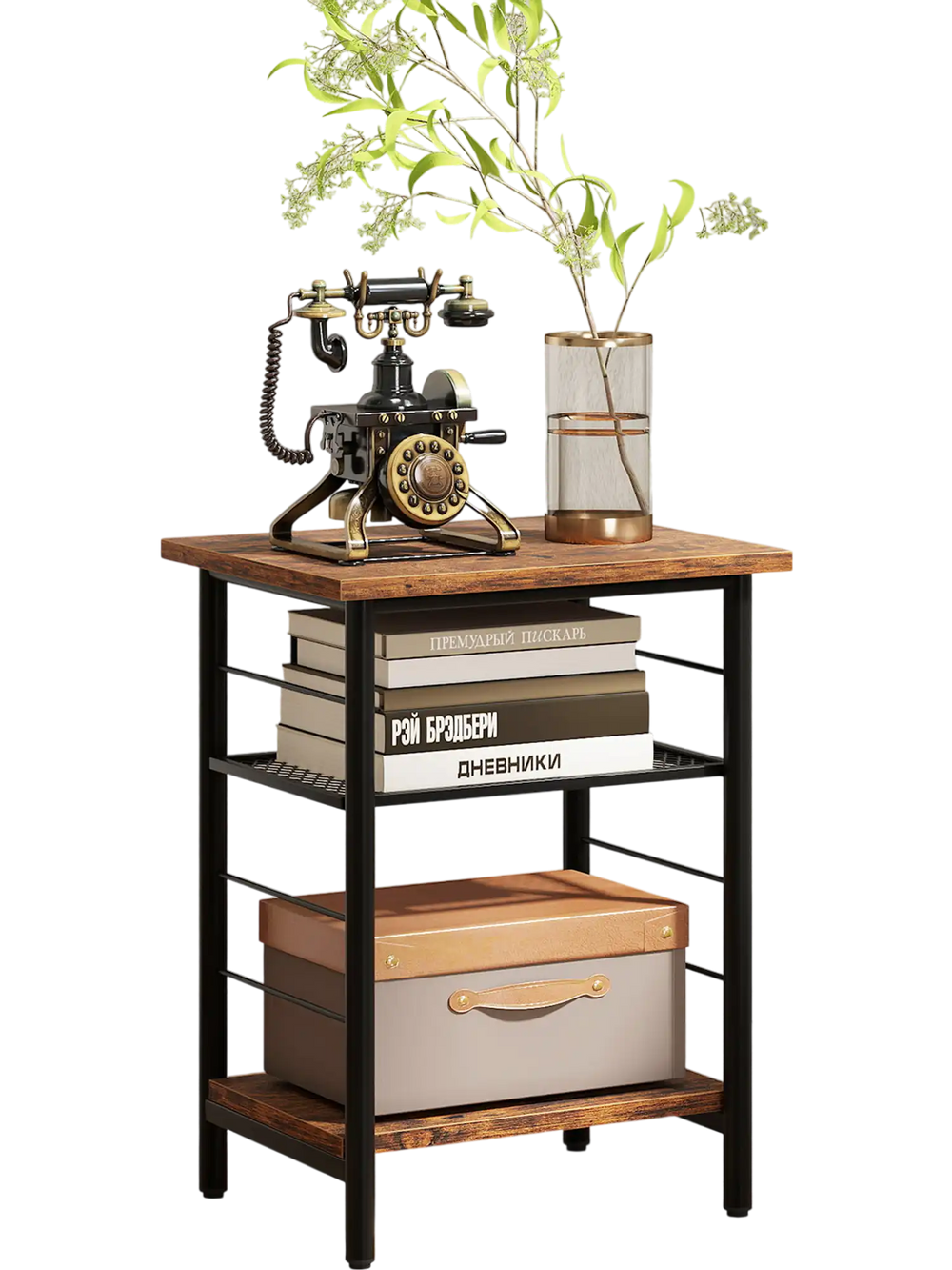 Rustic brown 3-tier end table with metal frame and adjustable shelves, perfect for storage in any room.