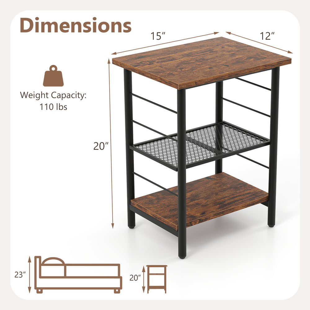 3-tier end table with rustic brown finish, metal frame, and adjustable shelves for versatile storage in any space.