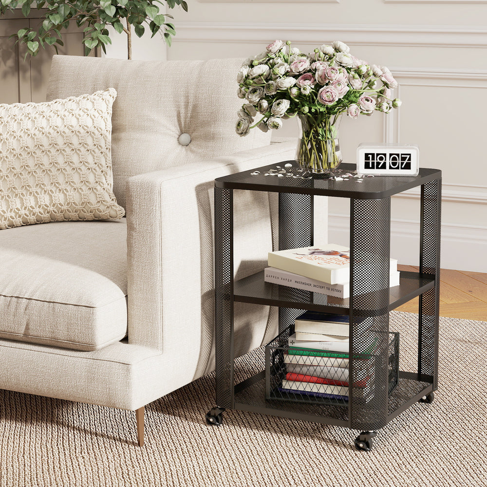 3-Tier End Table with Wheels Rolling Side Table with Open Storage Shelves-1 Piece - Gallery View 1 of 10
