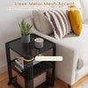 3-tier rolling side table with open storage shelves, sleek metal mesh design, and rounded corners for modern living.