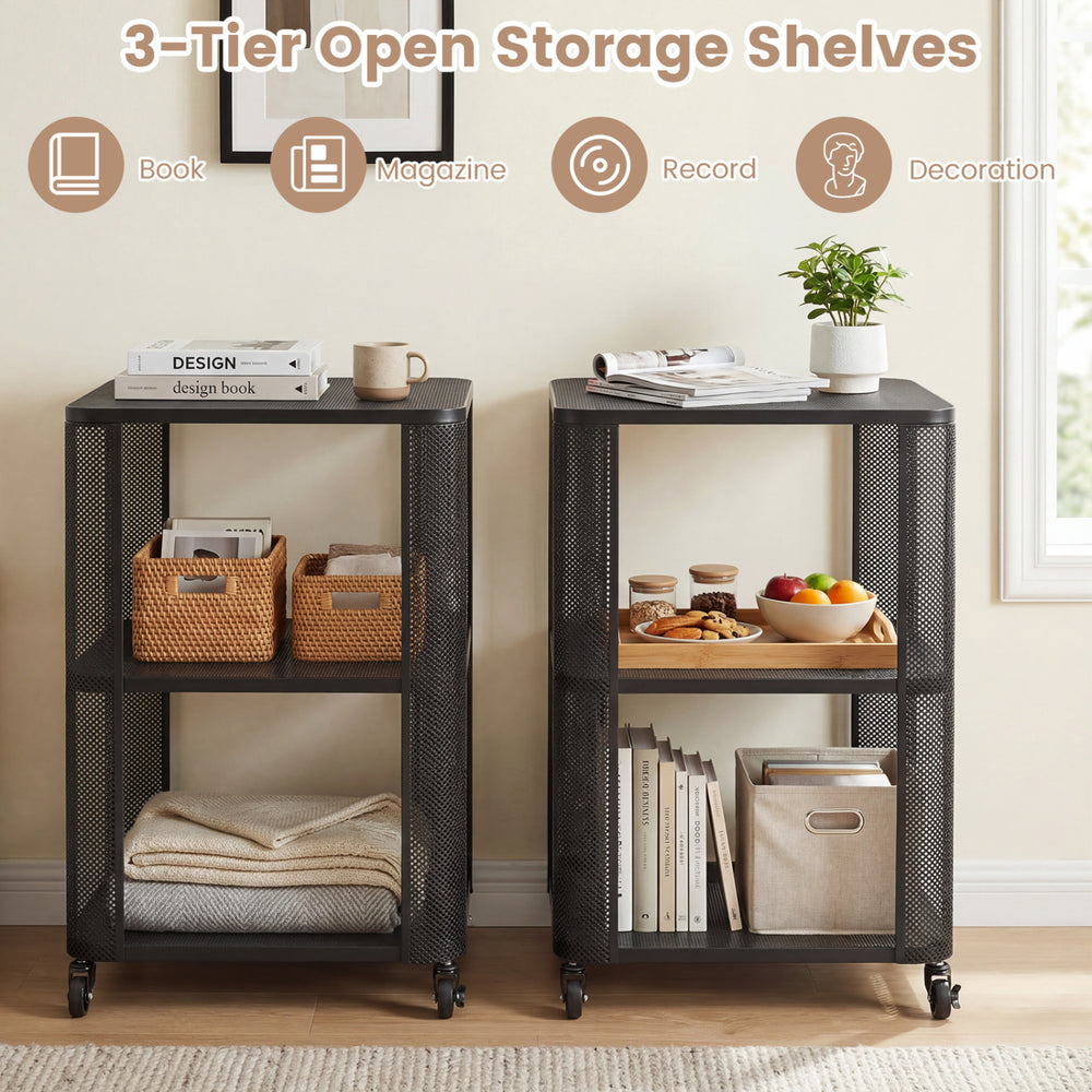 3-tier rolling side table with open storage shelves, ideal for books and magazines, featuring a sleek black design.