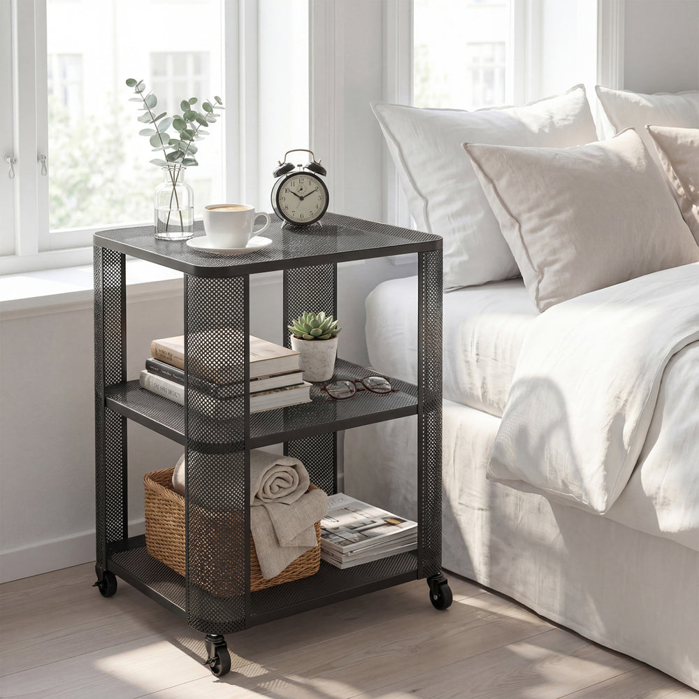 3-tier rolling side table with open storage shelves, black metal design, perfect for bedside or living room use.