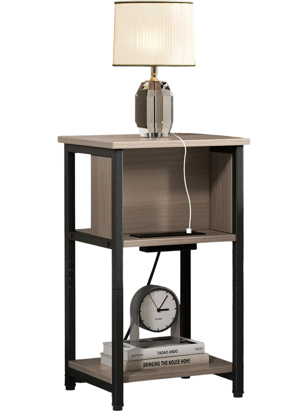 3-tier end table with USB ports and power outlets, showcasing a clean design and ample storage for bedside convenience.