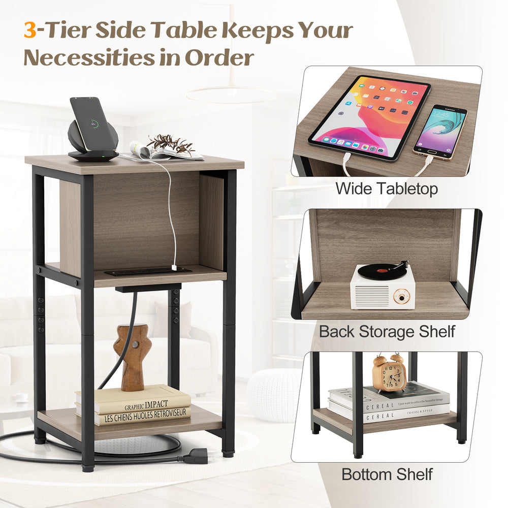 3-tier end table with USB ports and power outlets, featuring a wide tabletop and back storage shelf for versatile use.
