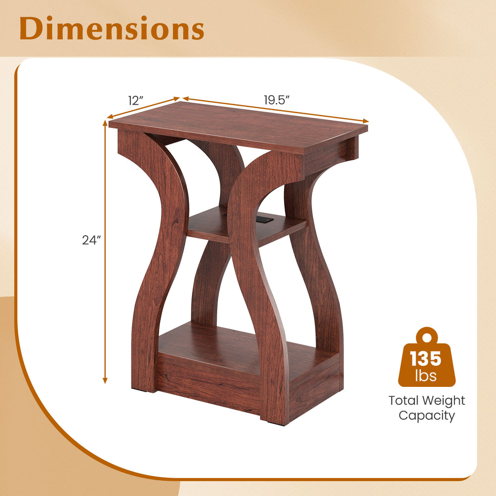 3-tier end table with charging station in cherry finish, featuring a unique curved design and open storage shelves.