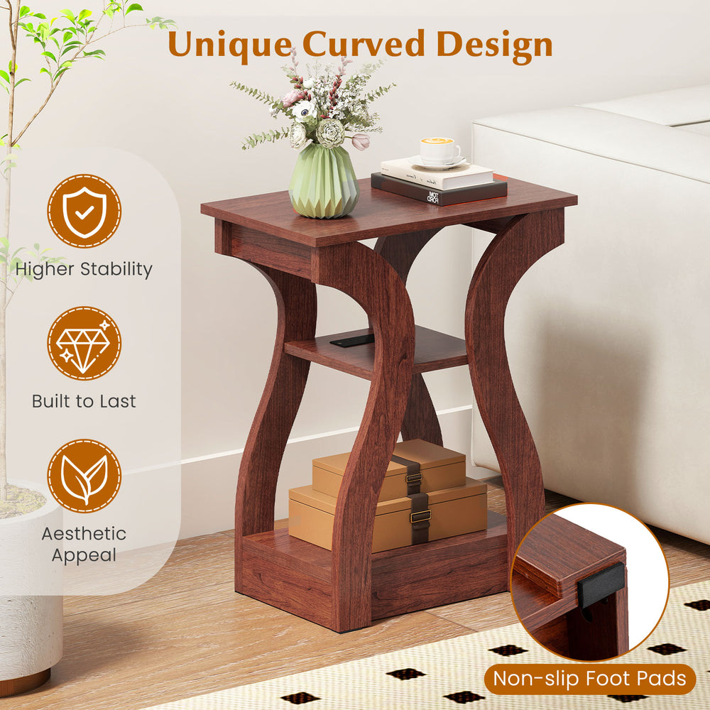 3-tier end table in cherry with unique curved design, charging station, and open storage shelves for versatile home use.