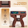 3-tier end table set in cherry with a charging station, featuring open storage shelves and a unique curved design.