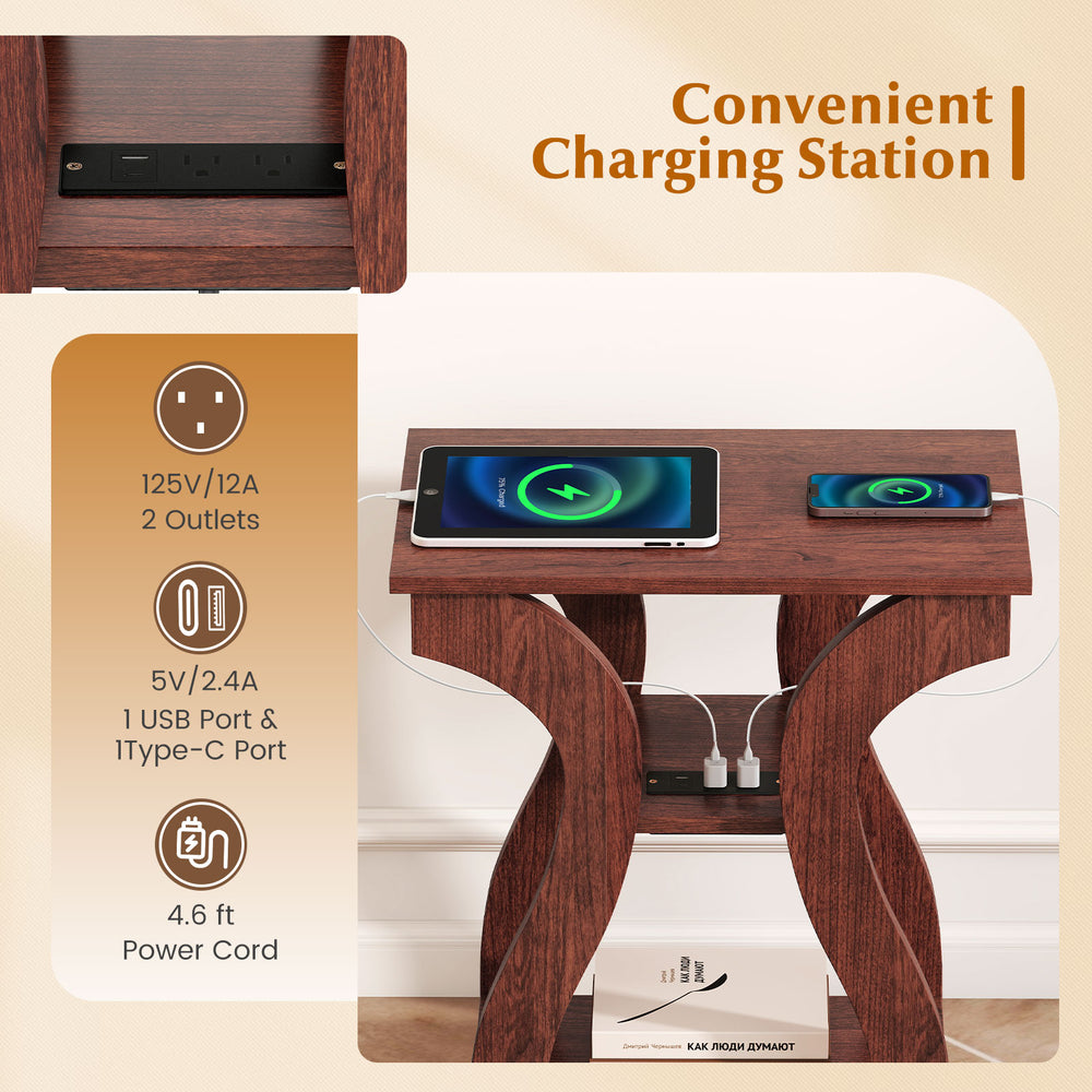3-tier end table set in cherry with a charging station, featuring open storage shelves and a unique curved design.