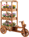 Vintage 3-tier fir wood wagon planter with movable wheels, perfect for displaying flowers in gardens or patios.