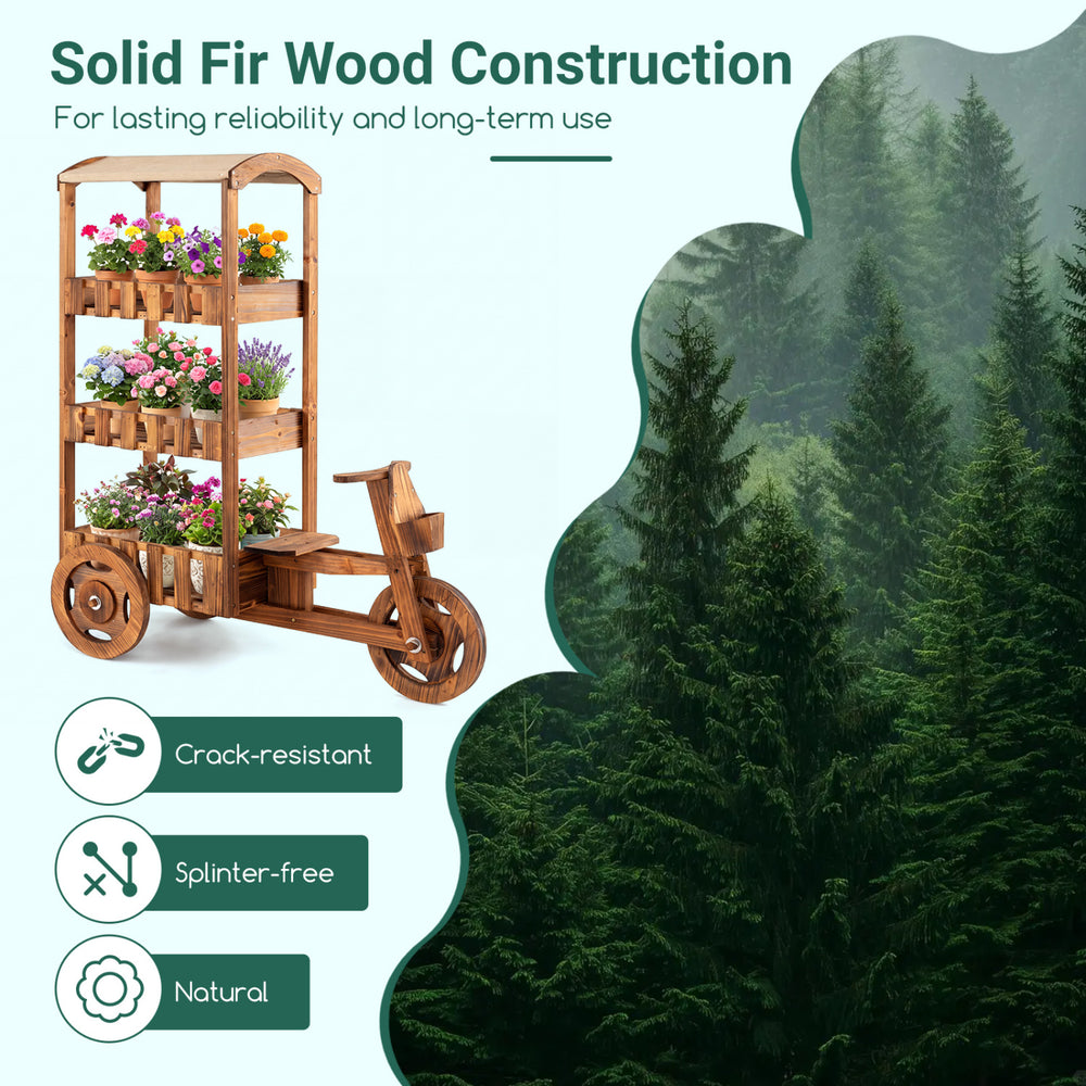 3-tier vintage flower cart planter made of solid fir wood, ideal for organizing plants and enhancing outdoor spaces.