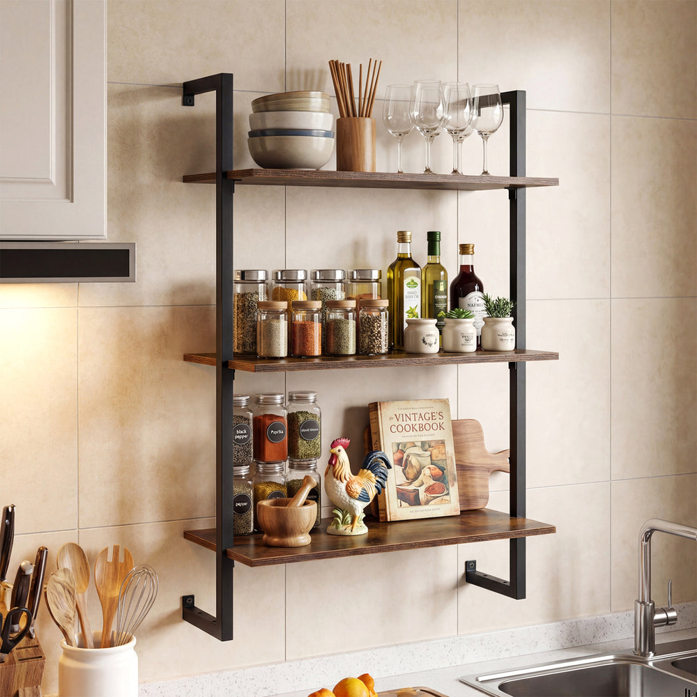 3-Tier Floating Modern Kitchen Shelf for Living Room Home Office and Bathroom-Rustic Brown - Gallery View 1 of 10