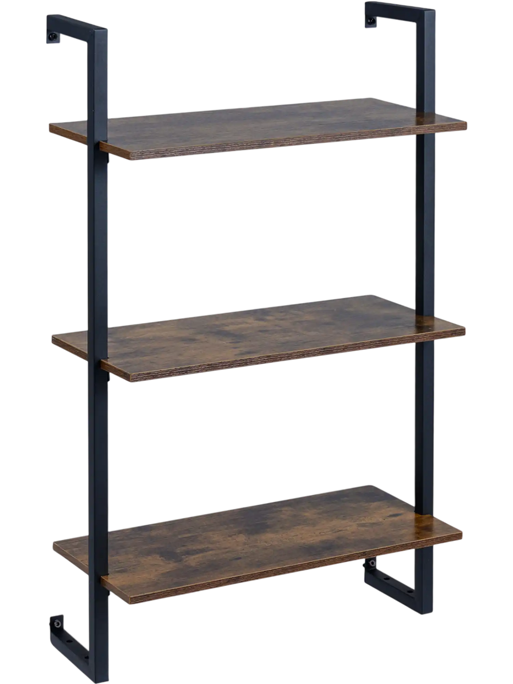 3-tier floating kitchen shelf in rustic brown with metal frame, ideal for living room, home office, or bathroom storage.