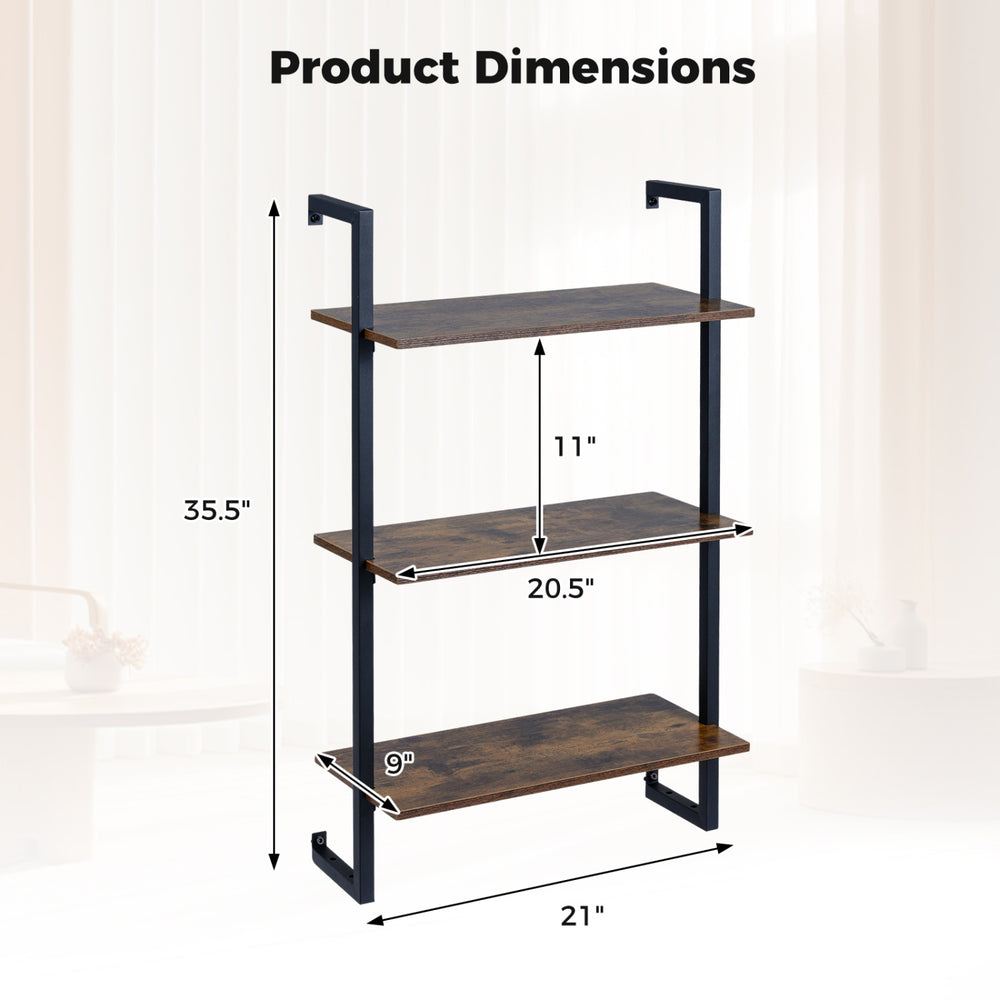 3-tier floating kitchen shelf in rustic brown, showcasing dimensions of 35.5" height and 21" width for versatile.