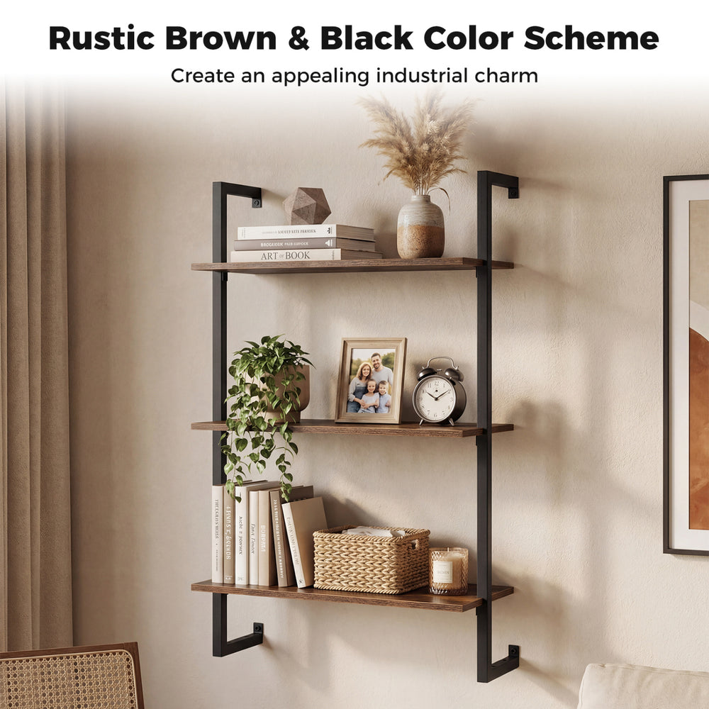 3-tier floating shelf in rustic brown and black, perfect for living room, home office, or bathroom decor.