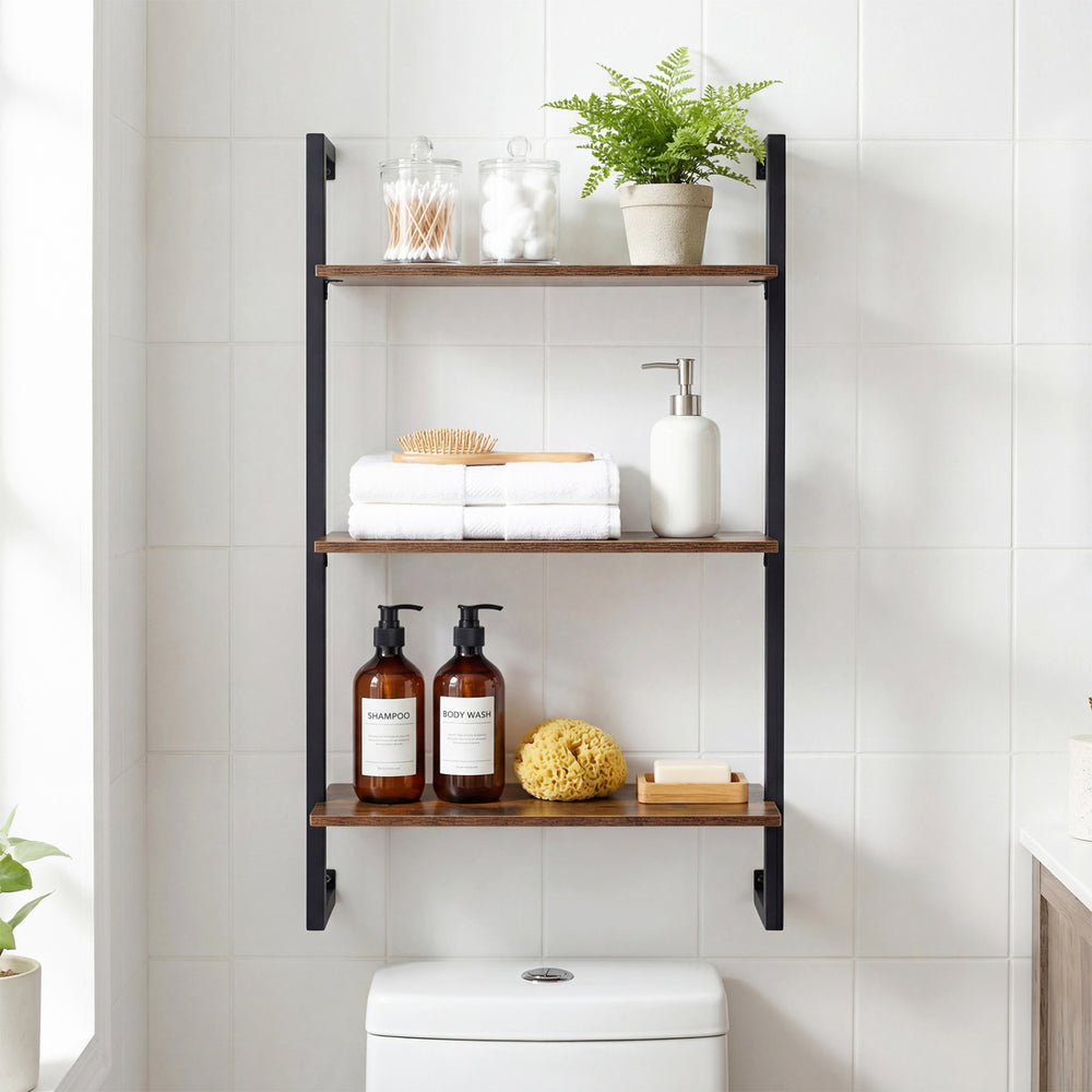 3-tier floating shelf in rustic brown with black brackets, ideal for bathroom or kitchen organization.
