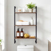 3-tier floating shelf in rustic brown with black brackets, ideal for bathroom or kitchen organization.