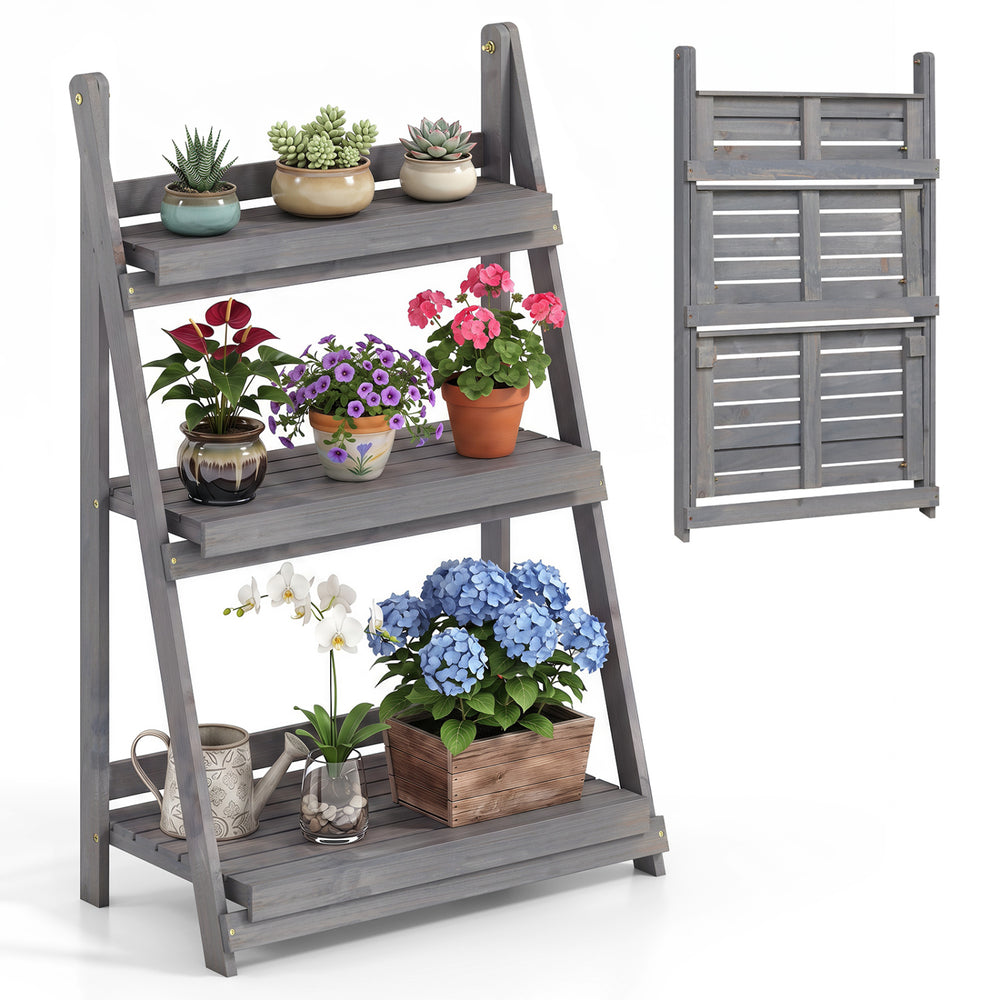 4-tier foldable plant stand made of fir wood features slatted shelves for optimal sunlight exposure and air circulation.