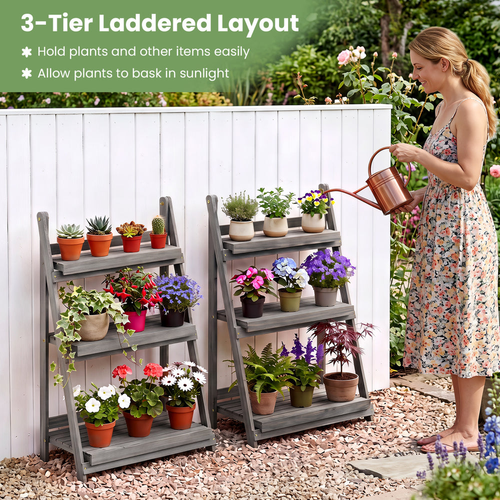 3-tier foldable plant stand made of fir wood, featuring staggered shelves for optimal sunlight exposure and air circulation.
