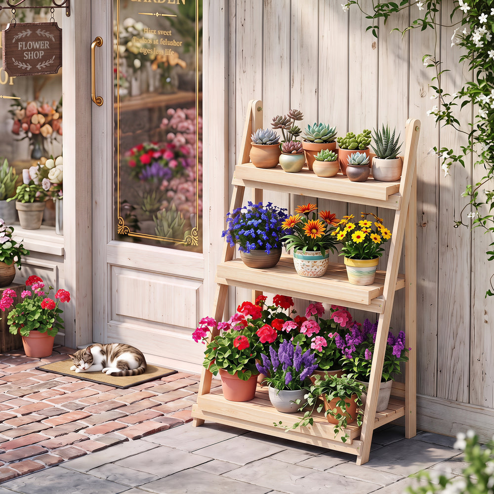 3-Tier Foldable Plant Stand with Slatted Shelves and Fir Wood Frame-Natural - Gallery View 1 of 10