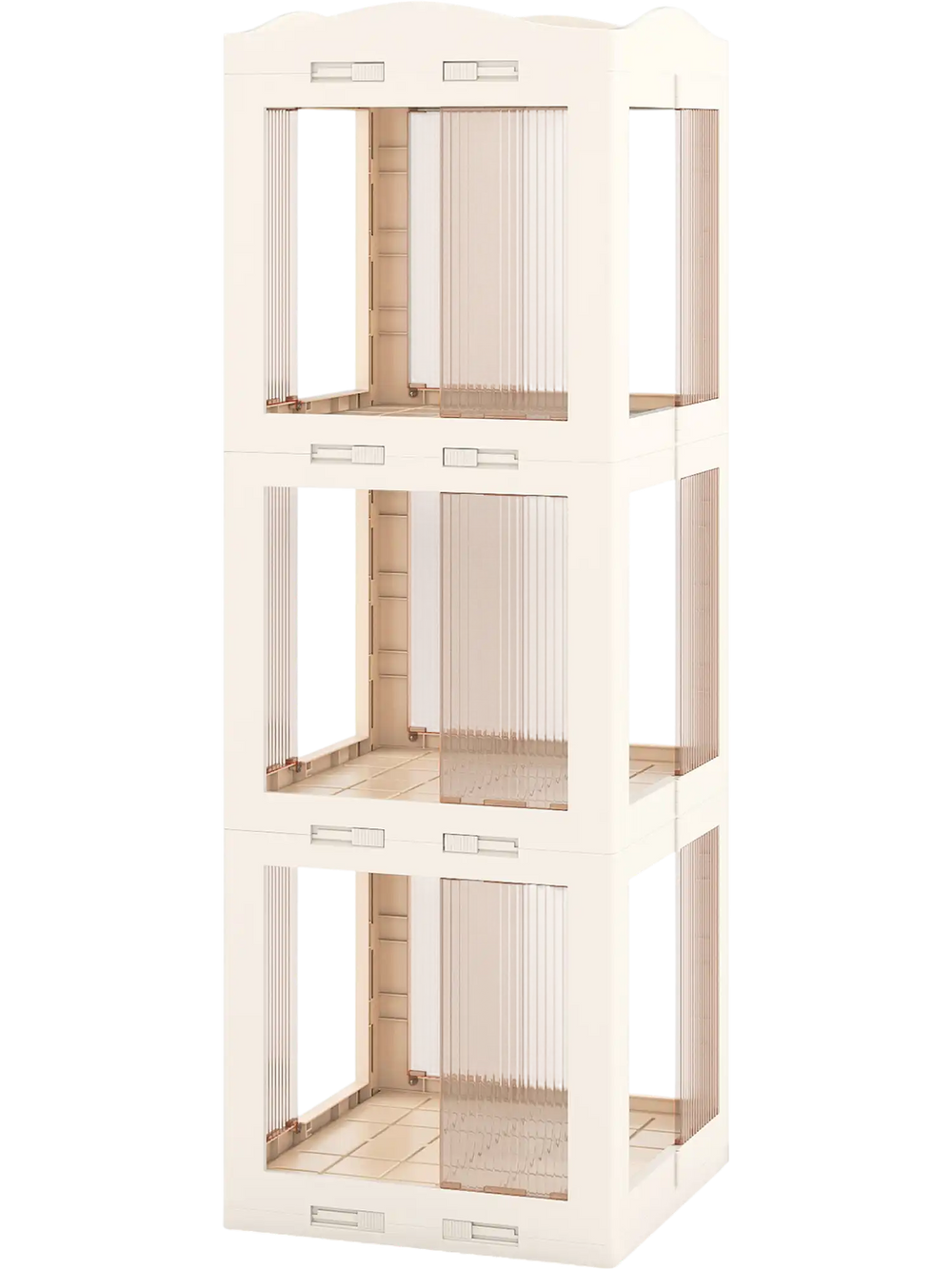 3-tier foldable rotating bookshelf in white with translucent panels, designed for easy access and space-saving storage.