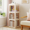 3-tier foldable rotating bookshelf in white with translucent panels, perfect for corner storage and easy access to.