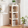 Close-up of the white 3-tier foldable rotating bookshelf showcasing translucent panels and raised edges for secure item.