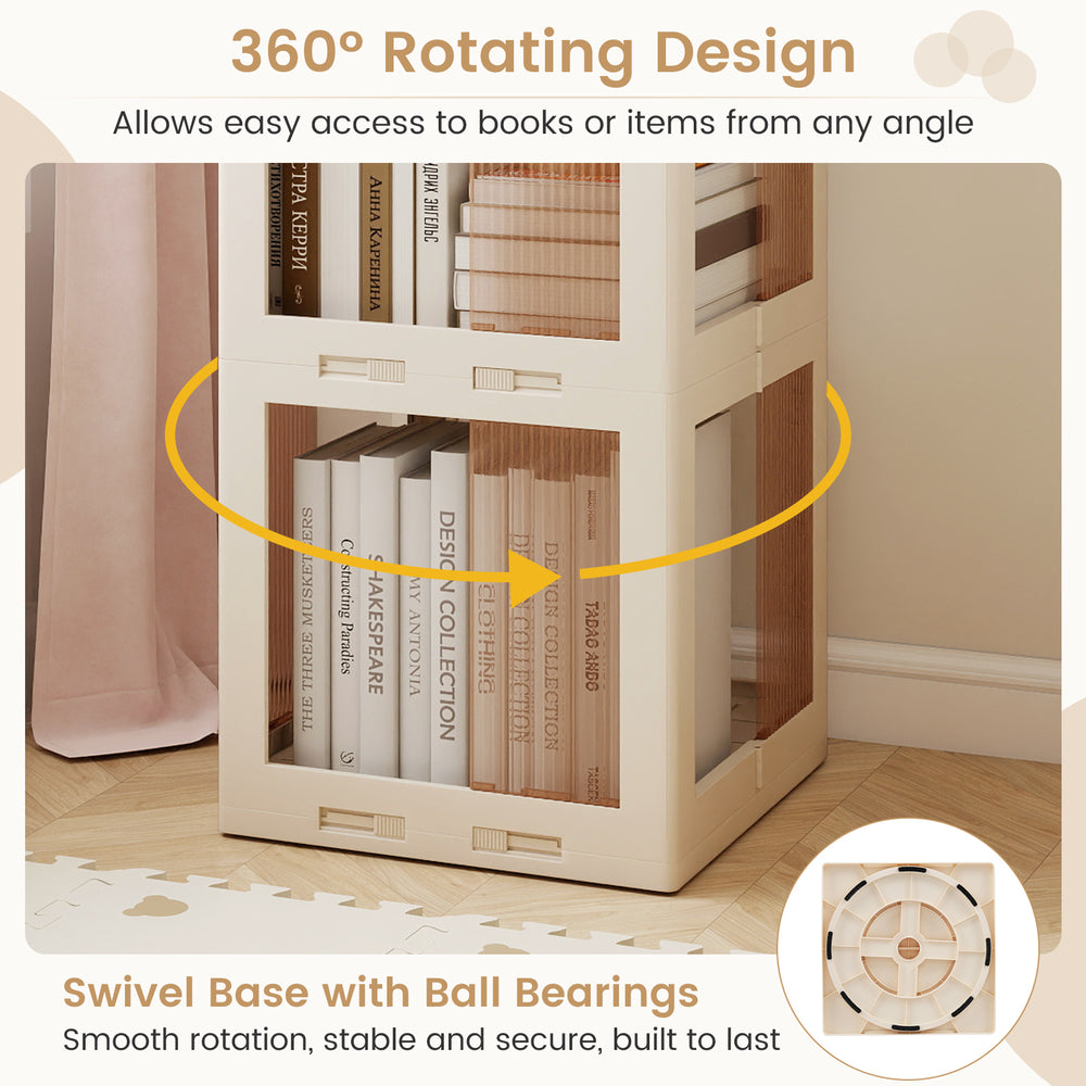 3-tier foldable rotating bookshelf in white with translucent panels, featuring a swivel base for easy access to books.