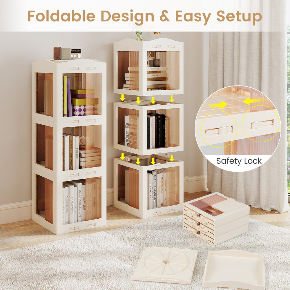 3-tier foldable rotating bookshelf in white with translucent panels, featuring a swivel base and safety lock for secure.