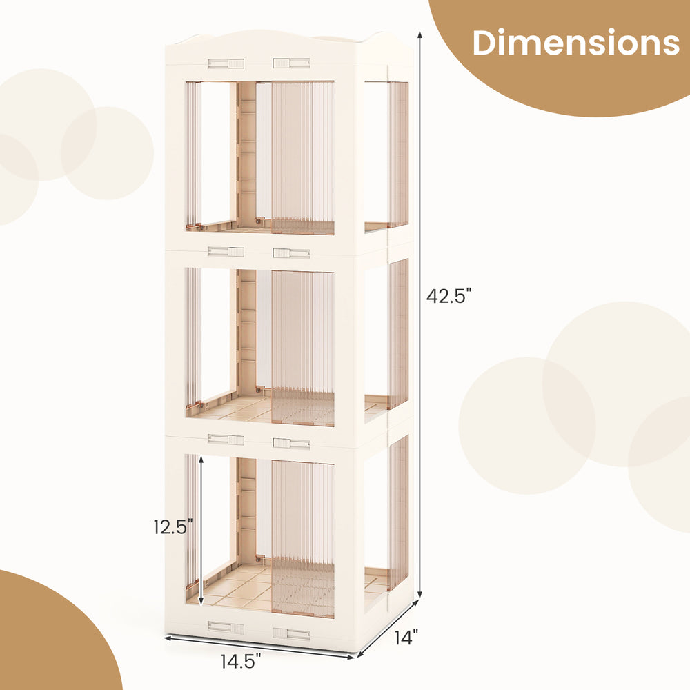 3-tier foldable rotating bookshelf in white with translucent panels, measuring 42.5" tall, ideal for corner storage.