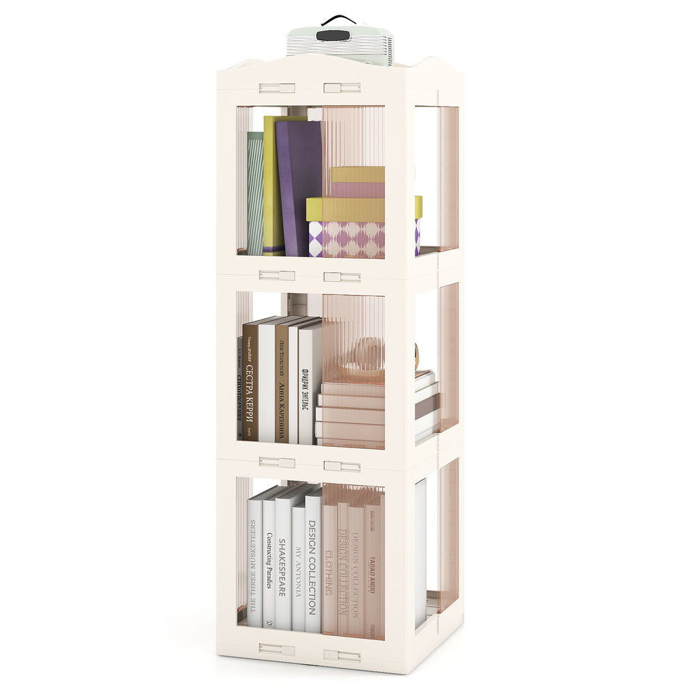 3-tier foldable rotating bookshelf in white with translucent panels, perfect for maximizing corner storage and easy.